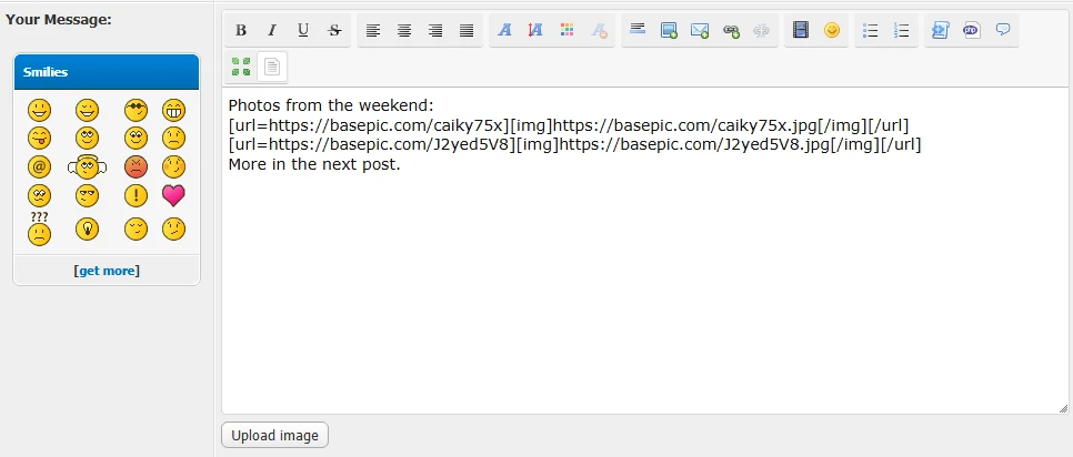 MyBB post editor with BasePic image MyCode in the message and the Upload image button under it
