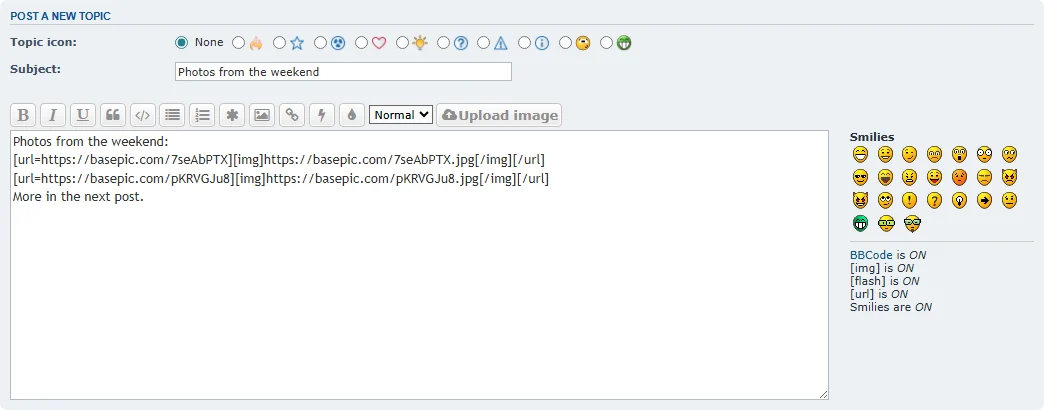 phpBB post editor with the Upload image button in the toolbar and BBCode from BasePic in the message