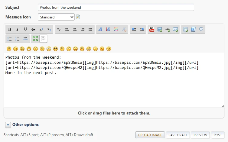 SMF post editor with BasePic image BBCode in the message and the Upload image button next to Save draft, Preview and Post
